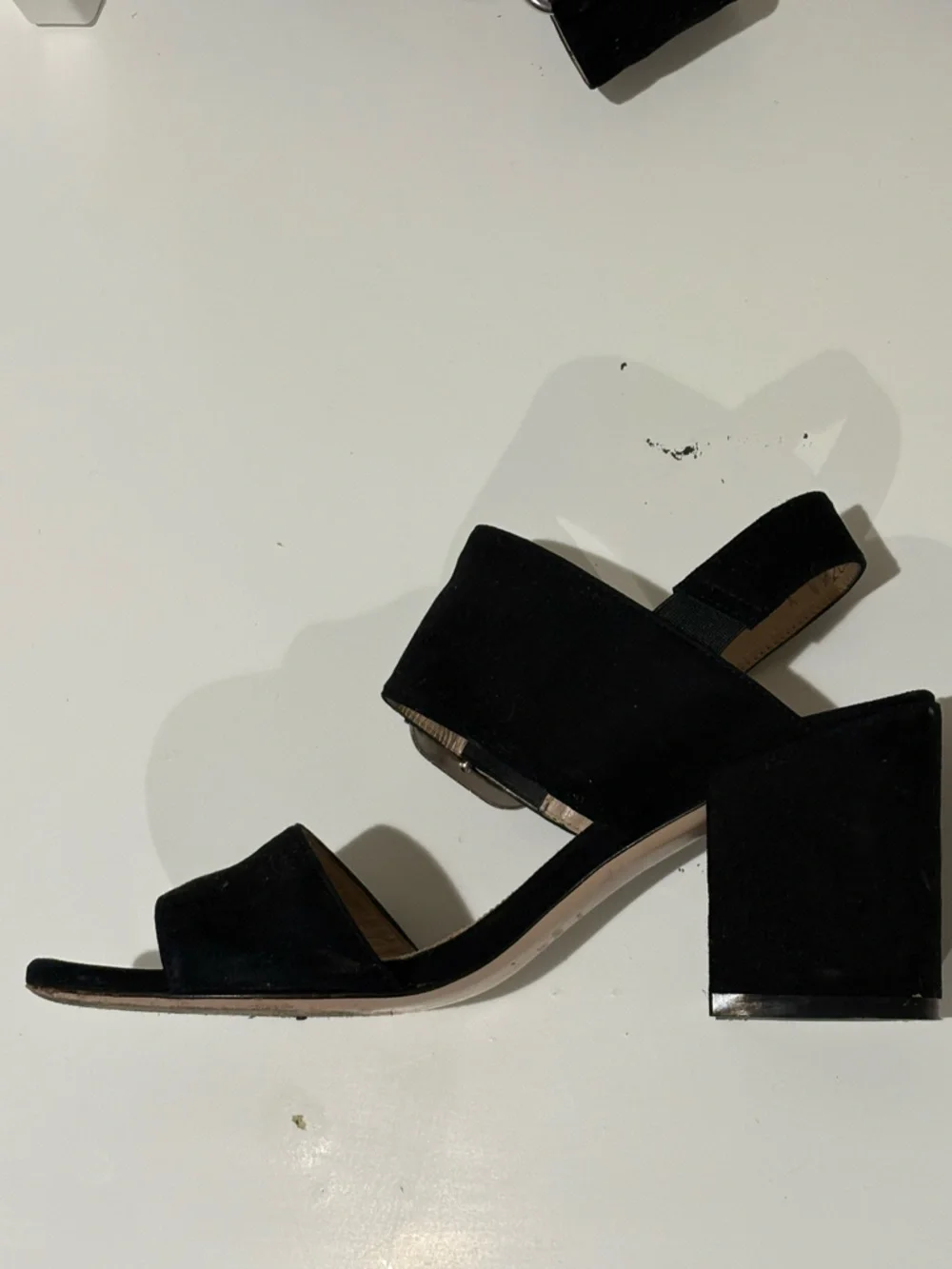 Stuart Weitzman Black Suede Wide-Strap Block Heel Sandals
